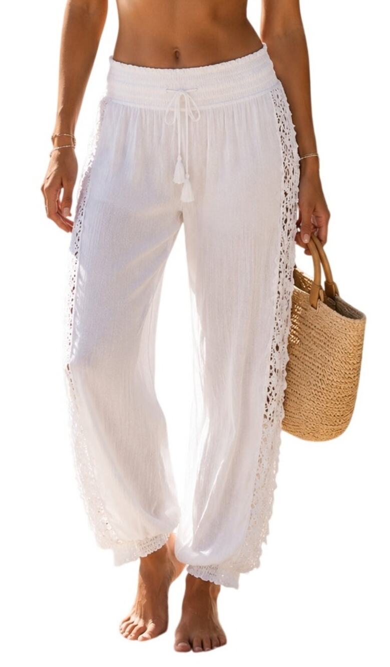 Ocean Drive White Crochet Trim Boho Beach Cover Up Pants Women's Medium